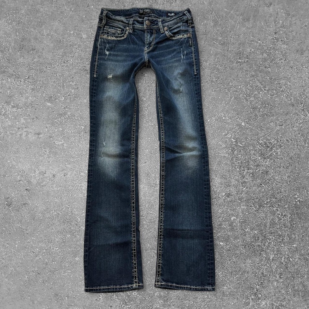 Silver Jeans Co Suki Mid Slim Boot Jeans 29x33 Dark Wash Distressed Bootcut